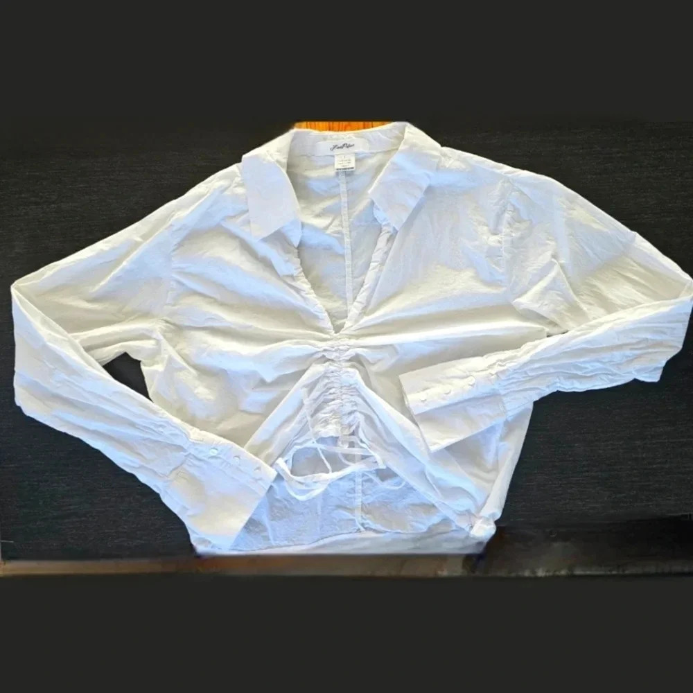 White Ruched Front Long Sleeve Cropped Blouse